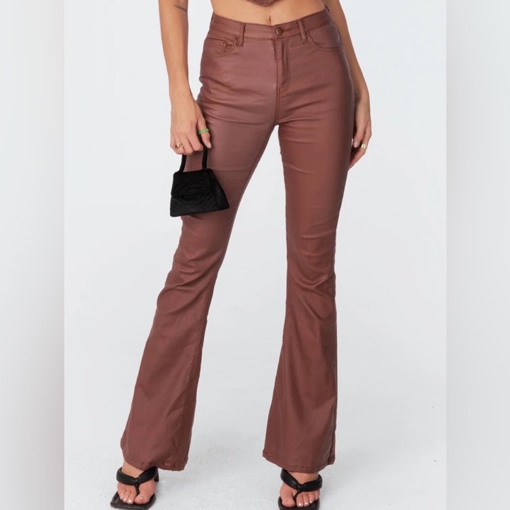 Edikted Brown Faux Leather Flare Jeans